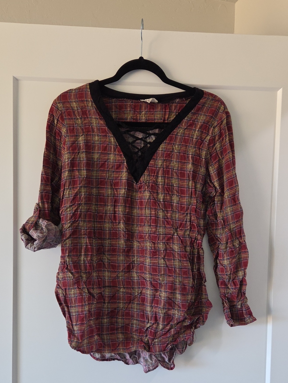 entro Red Plaid Lace-Up V-Neck Tunic